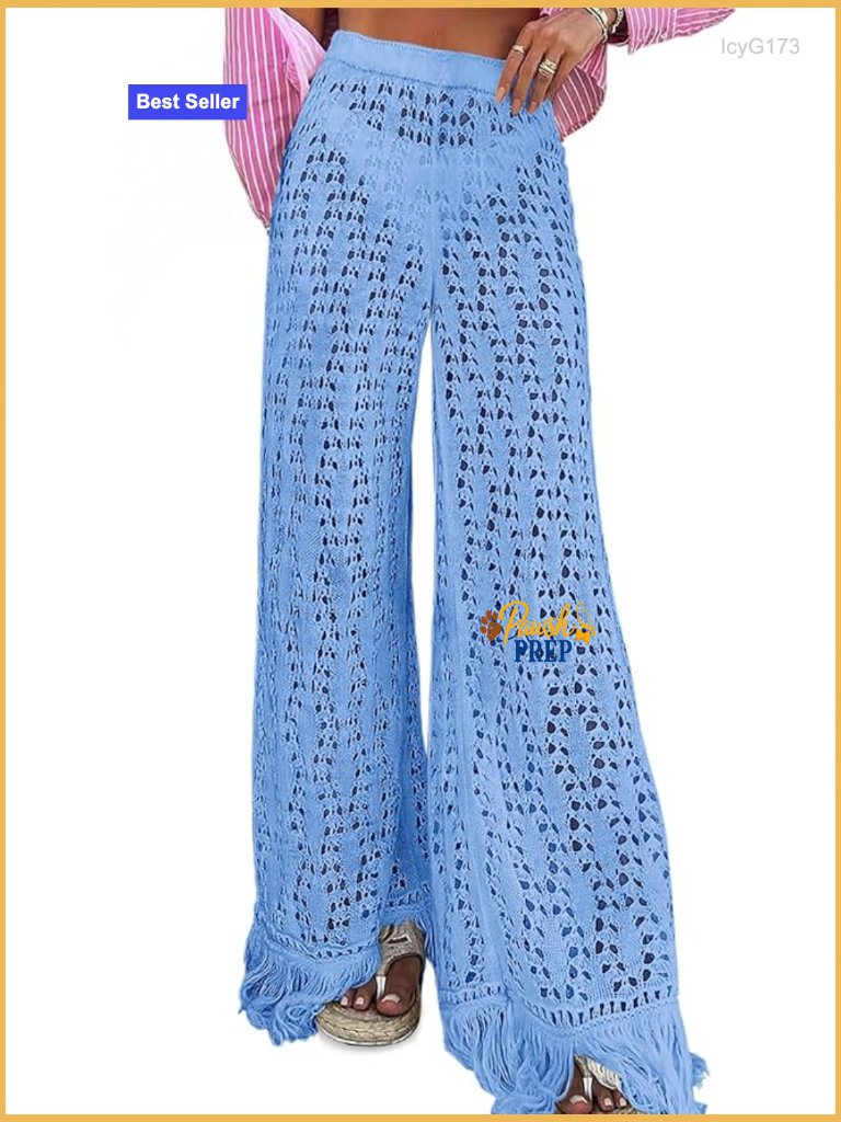 Crochet Mesh Cover Up Pants Wide Leg High Waisted Beach Resort Wear